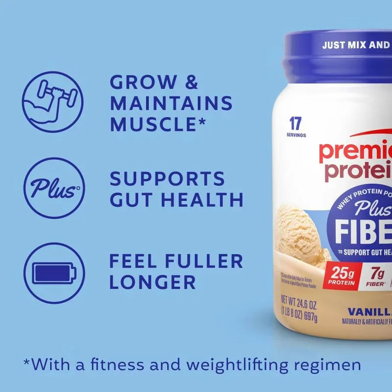 Premier Protein Plus Fiber Powder - Vanilla - Whey Protein - 24.6oz/17 Servings